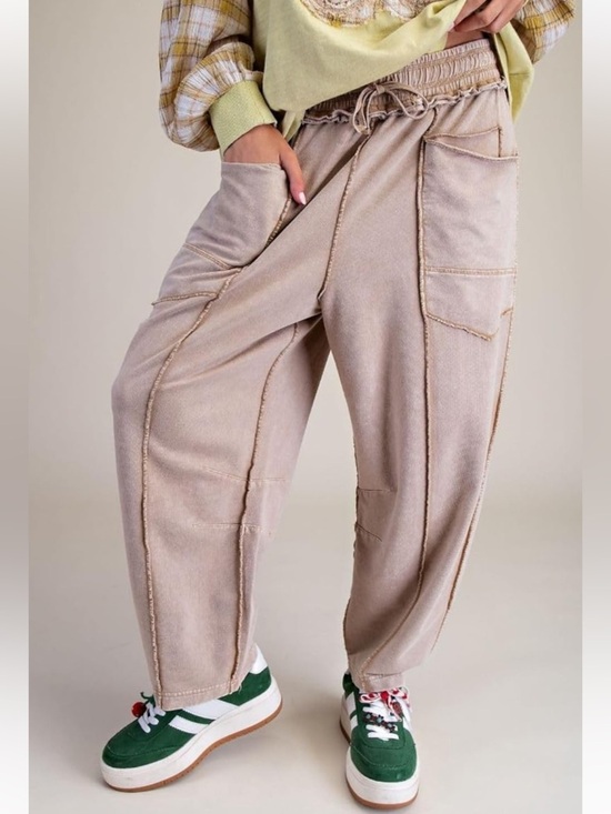 easel Pants - Easel Eryn Mineral Washed Terry Knit Barrel Leg Pants size small baked potato